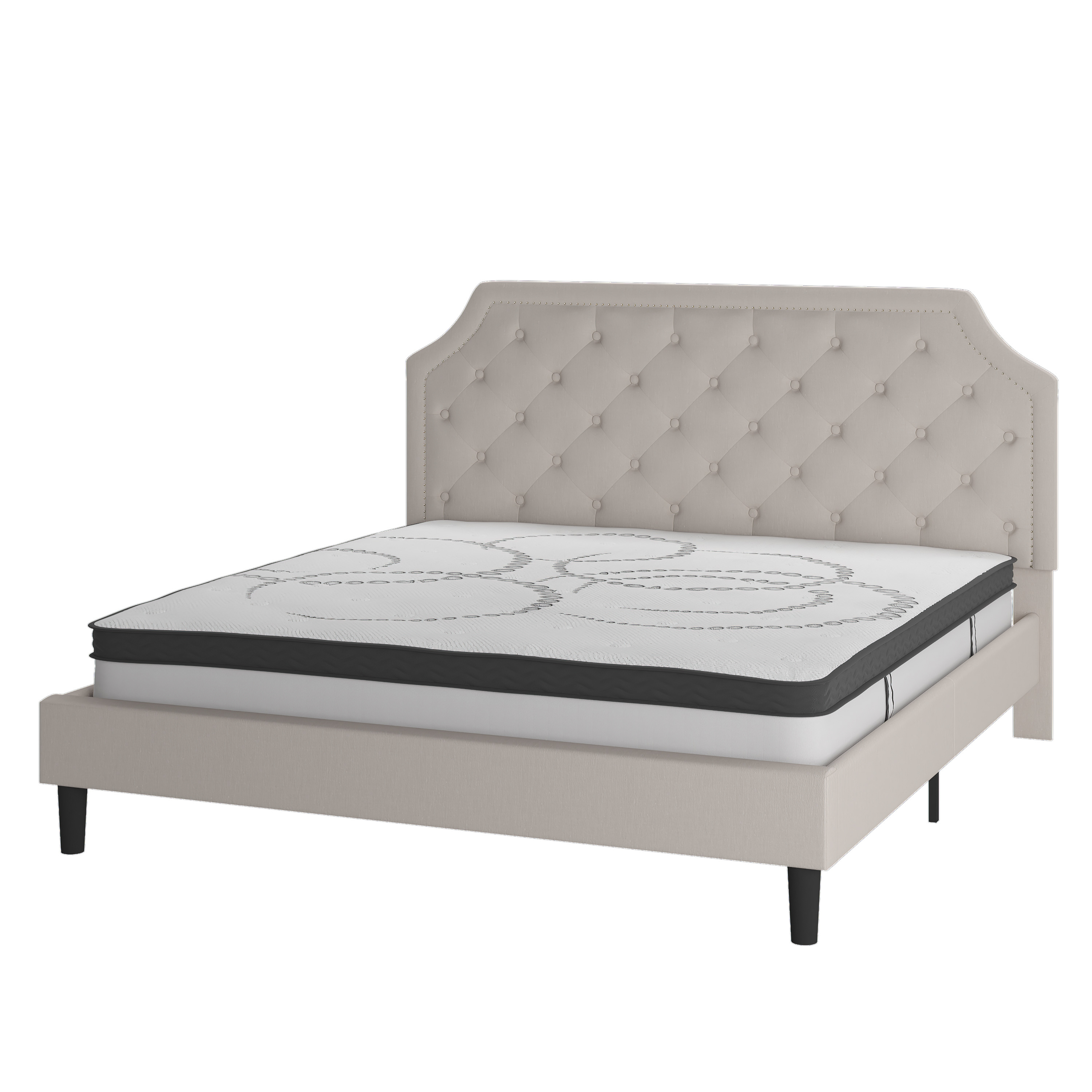 Flash Furniture SL-BM10-4-GG King Size Tufted Upholstered Platform Bed, Beige Fabric with 10" Pocket Spring Mattress