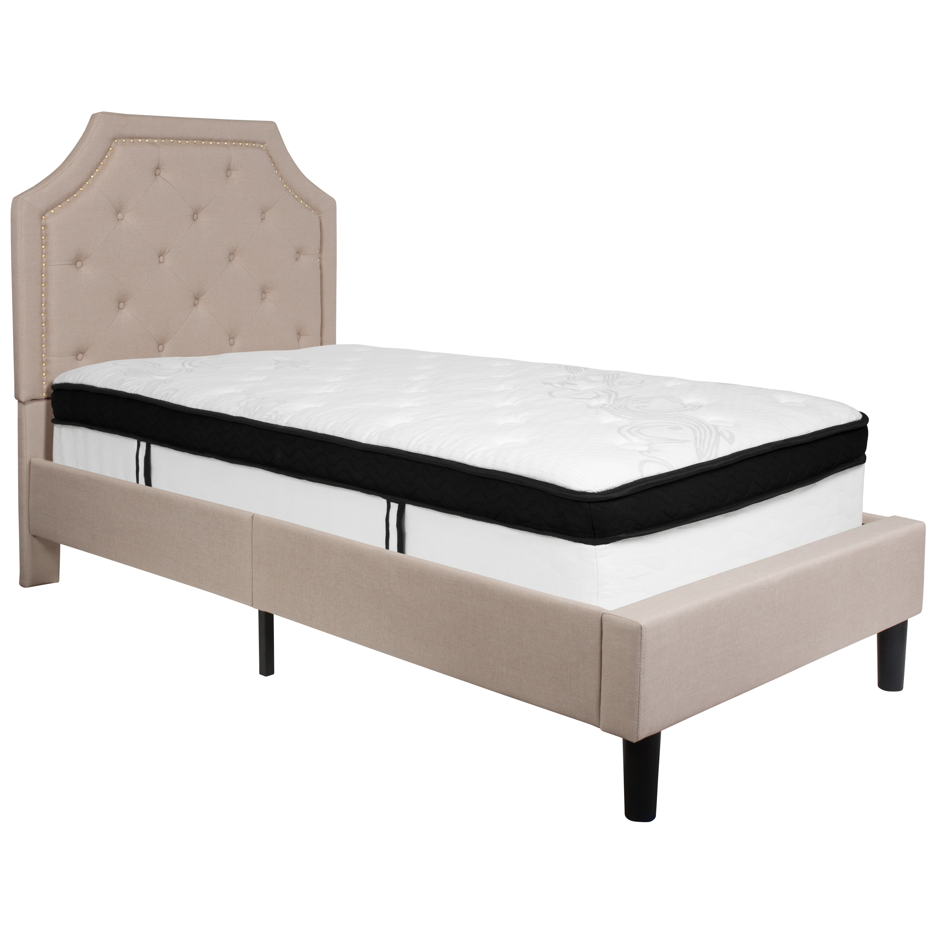 Flash Furniture SL-BMF-1-GG Twin Size Tufted Upholstered Platform Bed, Beige Fabric with Memory Foam Mattress