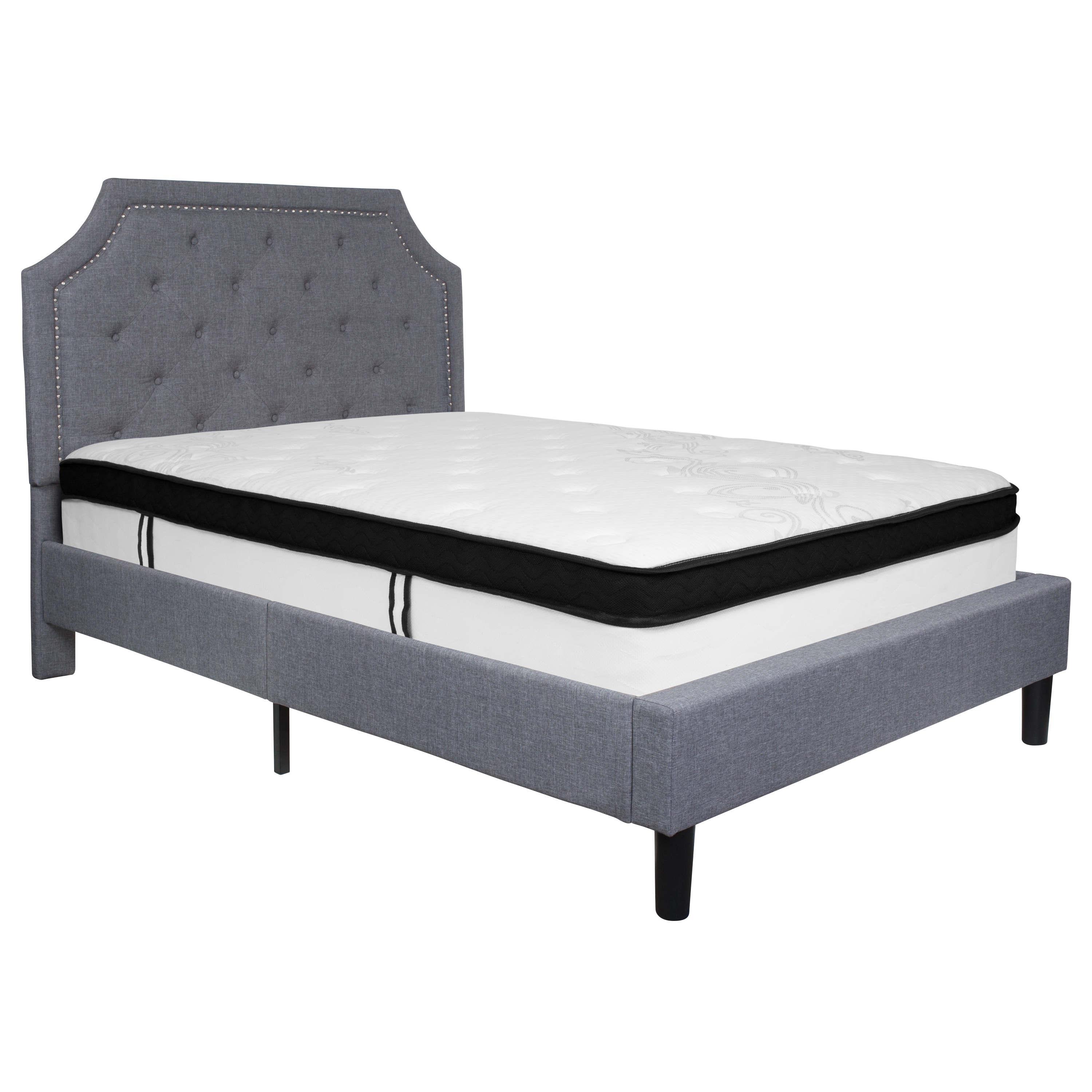 Flash Furniture SL-BMF-10-GG Full Size Tufted Upholstered Platform Bed, Light Gray Fabric with Memory Foam Mattress