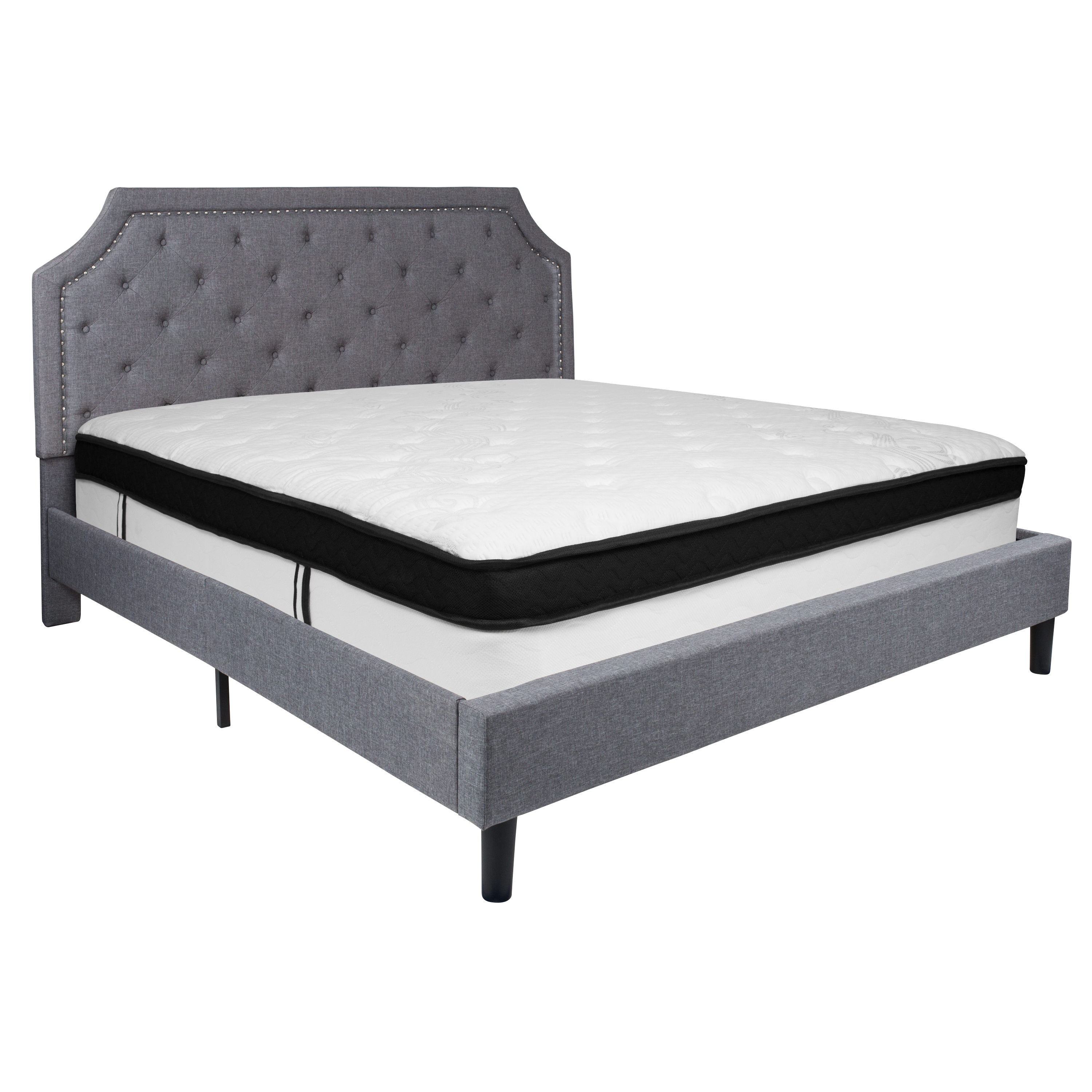 Flash Furniture SL-BMF-12-GG King Size Tufted Upholstered Platform Bed, Light Gray Fabric with Memory Foam Mattress