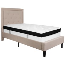 Flash Furniture SL-BMF-17-GG Twin Size Tufted Upholstered Platform Bed, Beige Fabric with Memory Foam Mattress