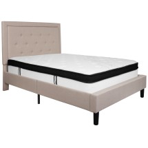 Flash Furniture SL-BMF-18-GG Full Size Tufted Upholstered Platform Bed, Beige Fabric with Memory Foam Mattress