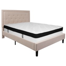 Flash Furniture SL-BMF-19-GG Queen Size Tufted Upholstered Platform Bed, Beige Fabric with Memory Foam Mattress