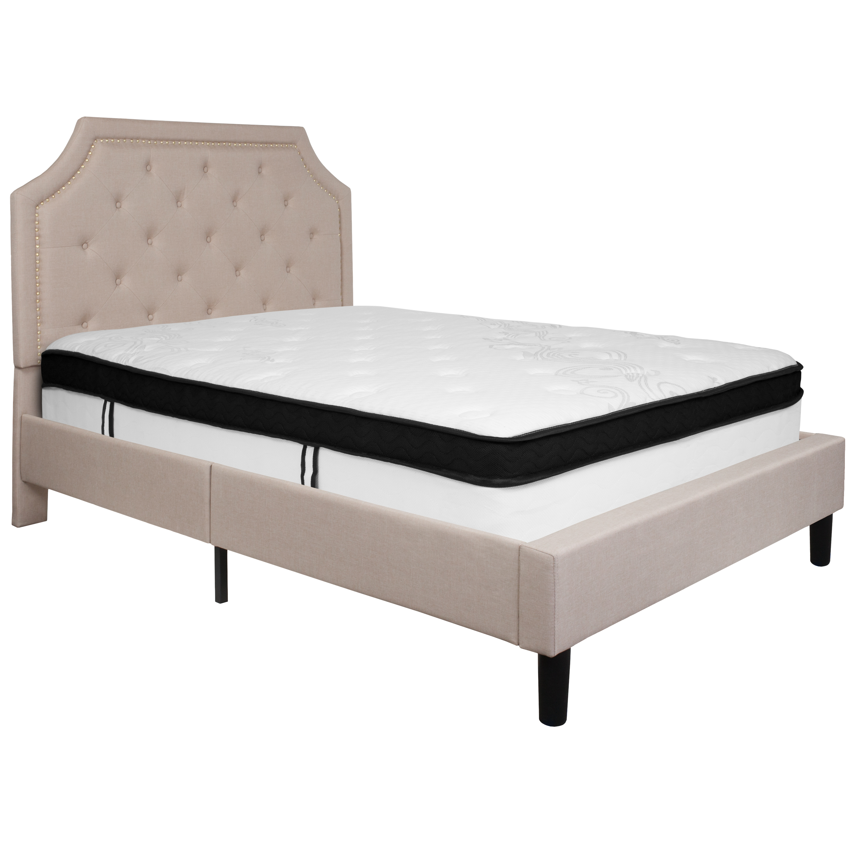 Flash Furniture SL-BMF-2-GG Full Size Tufted Upholstered Platform Bed, Beige Fabric with Memory Foam Mattress