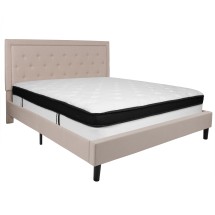 Flash Furniture SL-BMF-20-GG King Size Tufted Upholstered Platform Bed, Beige Fabric with Memory Foam Mattress