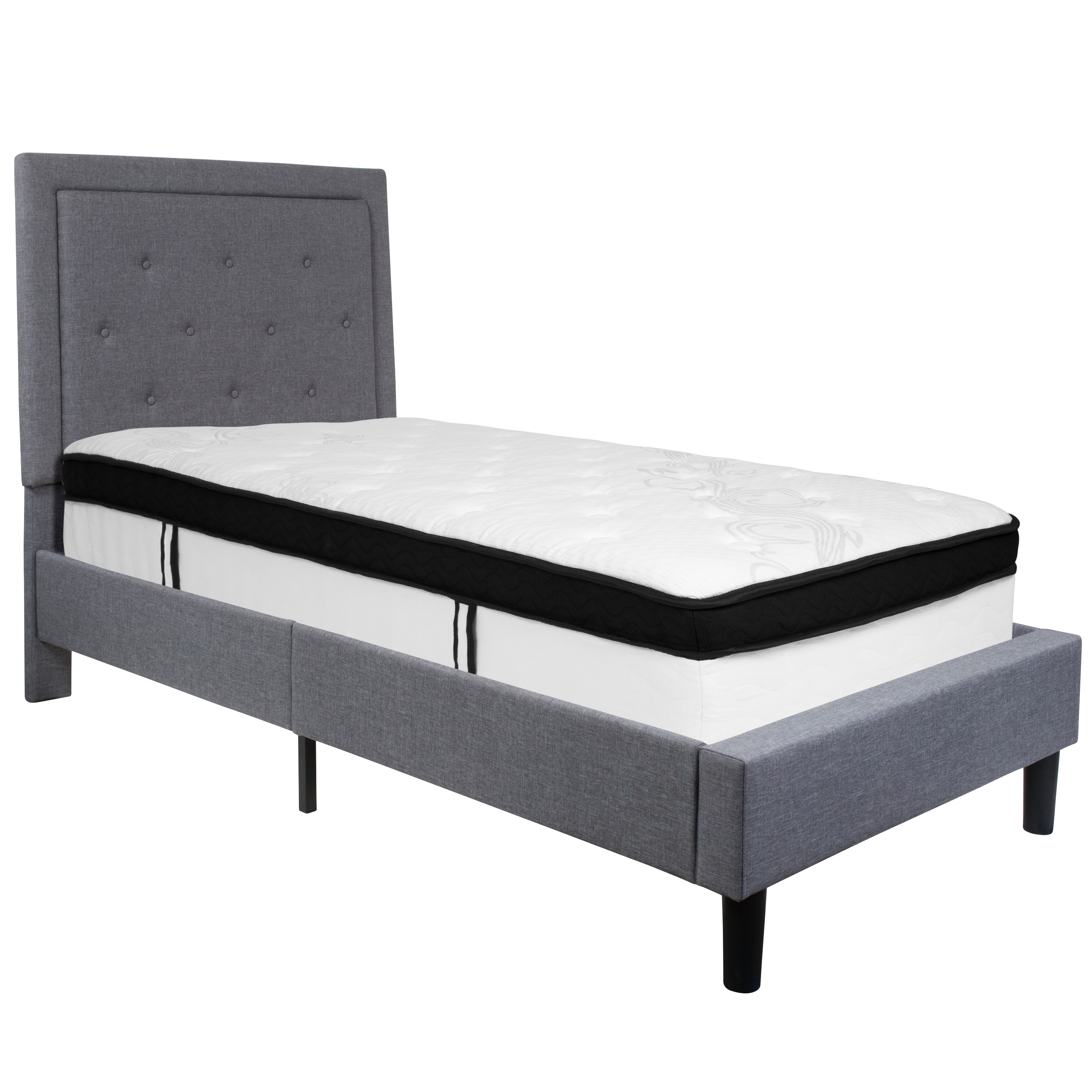 Flash Furniture SL-BMF-25-GG Twin Size Tufted Upholstered Platform Bed, Light Gray Fabric with Memory Foam Mattress