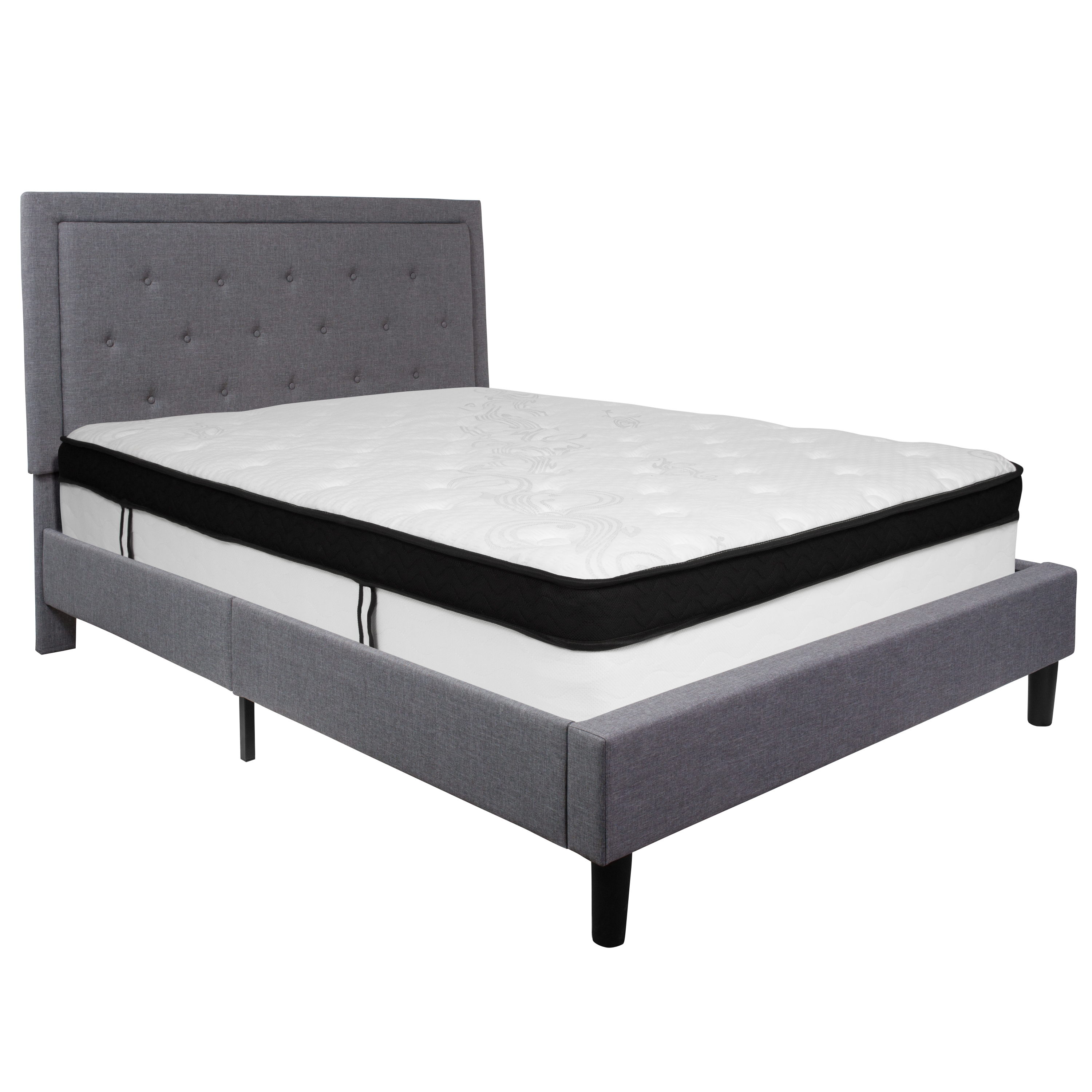 Flash Furniture SL-BMF-27-GG Queen Size Tufted Upholstered Platform Bed, Light Gray Fabric with Memory Foam Mattress