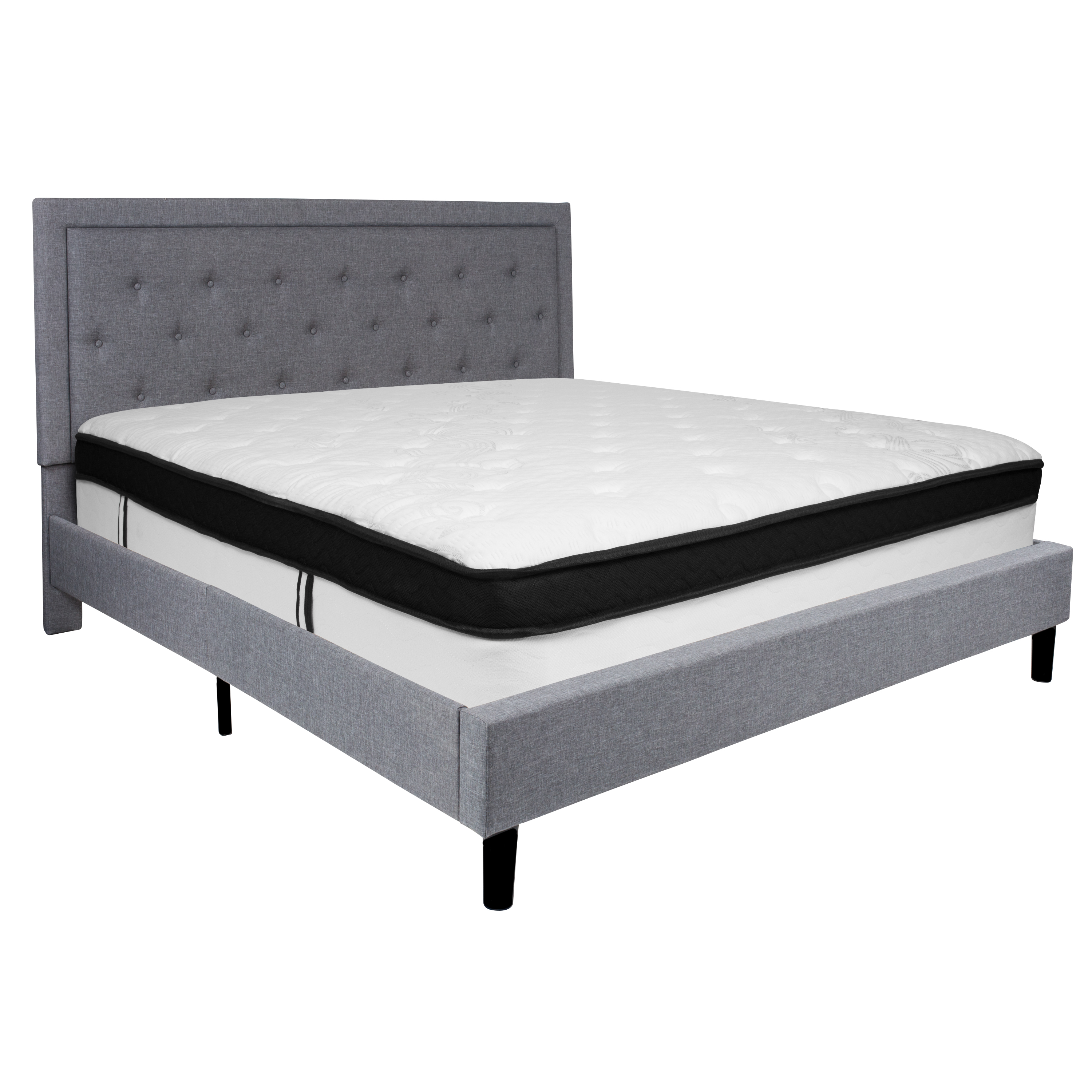 Flash Furniture SL-BMF-28-GG King Size Tufted Upholstered Platform Bed, Light Gray Fabric with Memory Foam Mattress