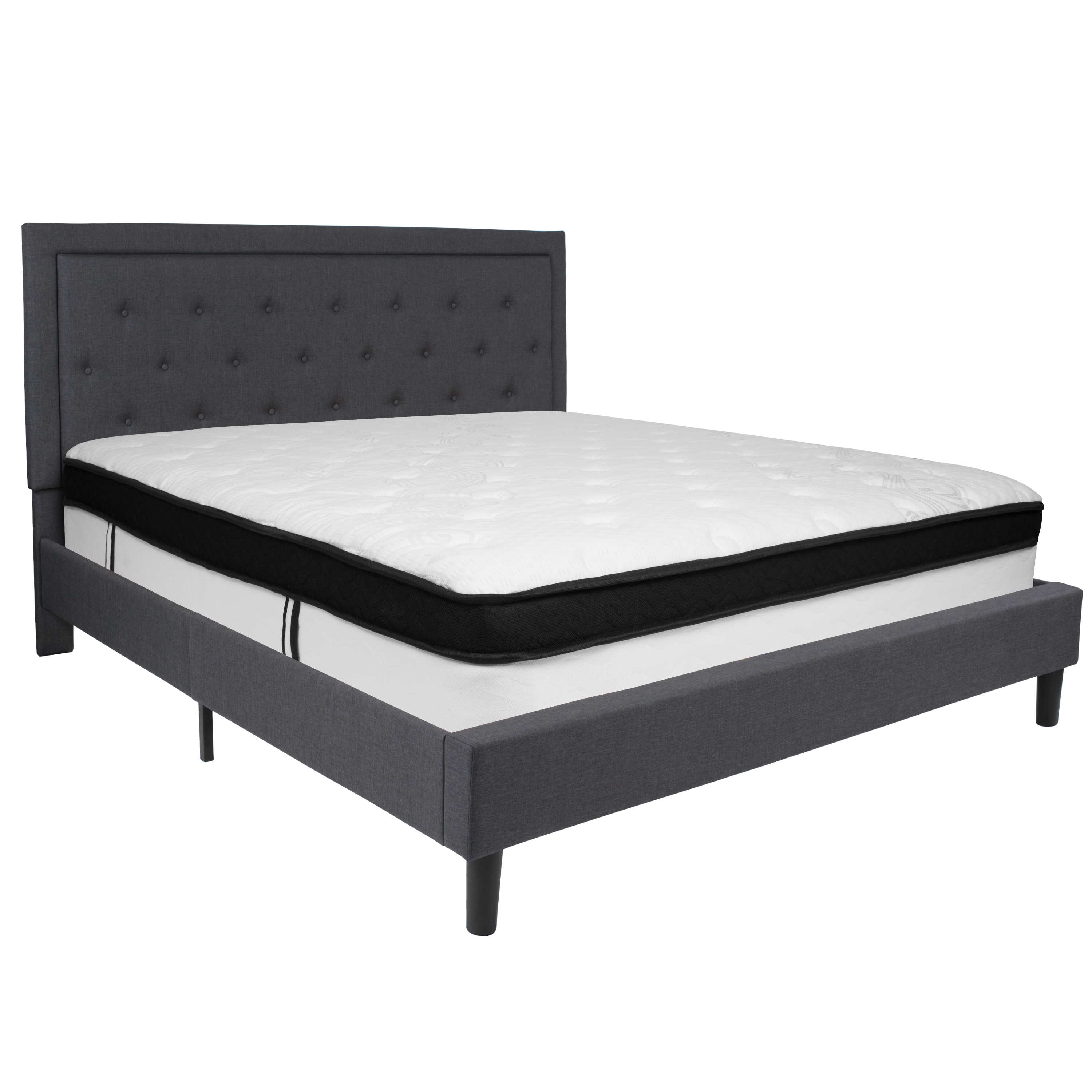 Flash Furniture SL-BMF-32-GG King Size Tufted Upholstered Platform Bed, Dark Gray Fabric with Memory Foam Mattress