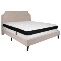 Flash Furniture SL-BMF-4-GG King Size Tufted Upholstered Platform Bed, Beige Fabric with Memory Foam Mattress