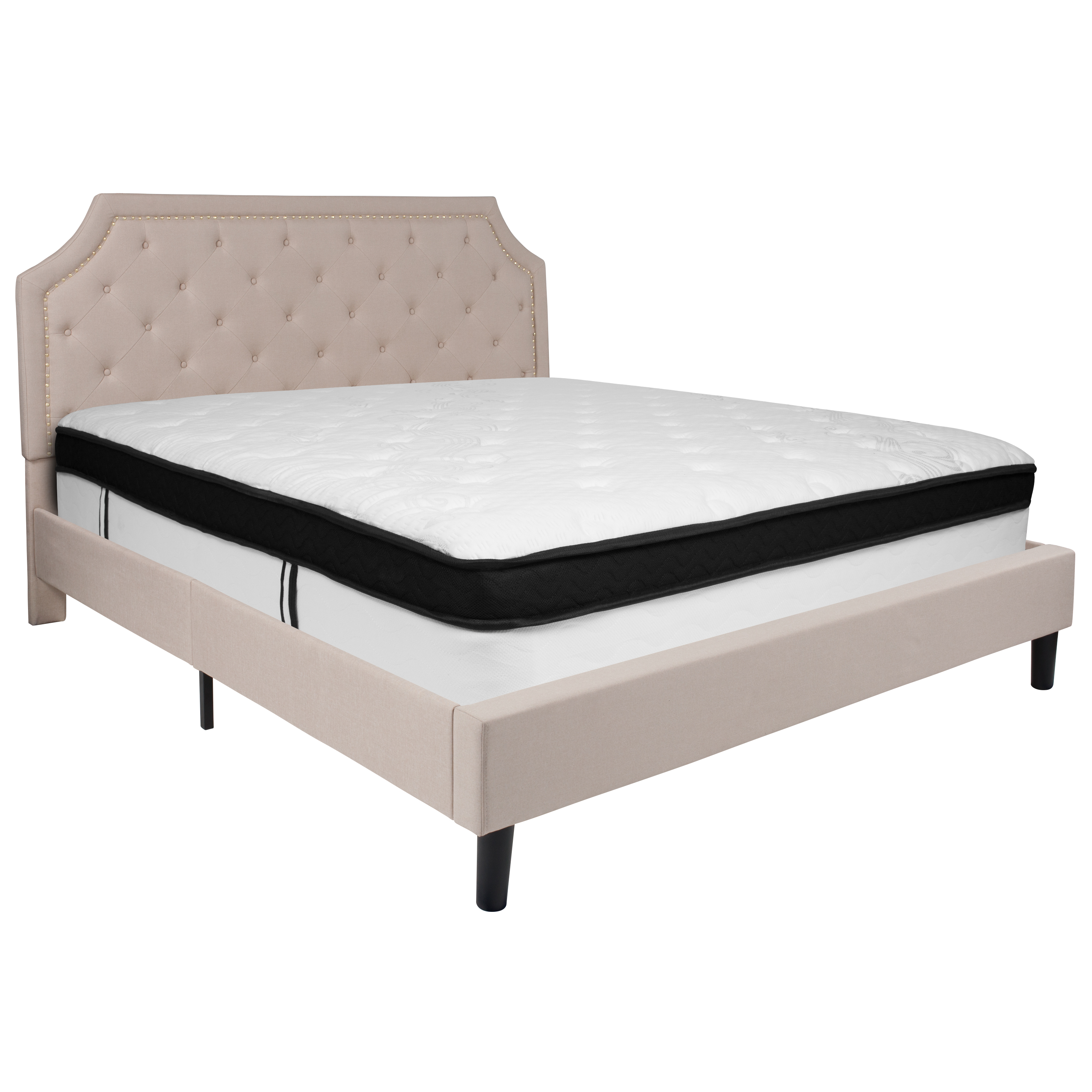 Flash Furniture SL-BMF-4-GG King Size Tufted Upholstered Platform Bed, Beige Fabric with Memory Foam Mattress