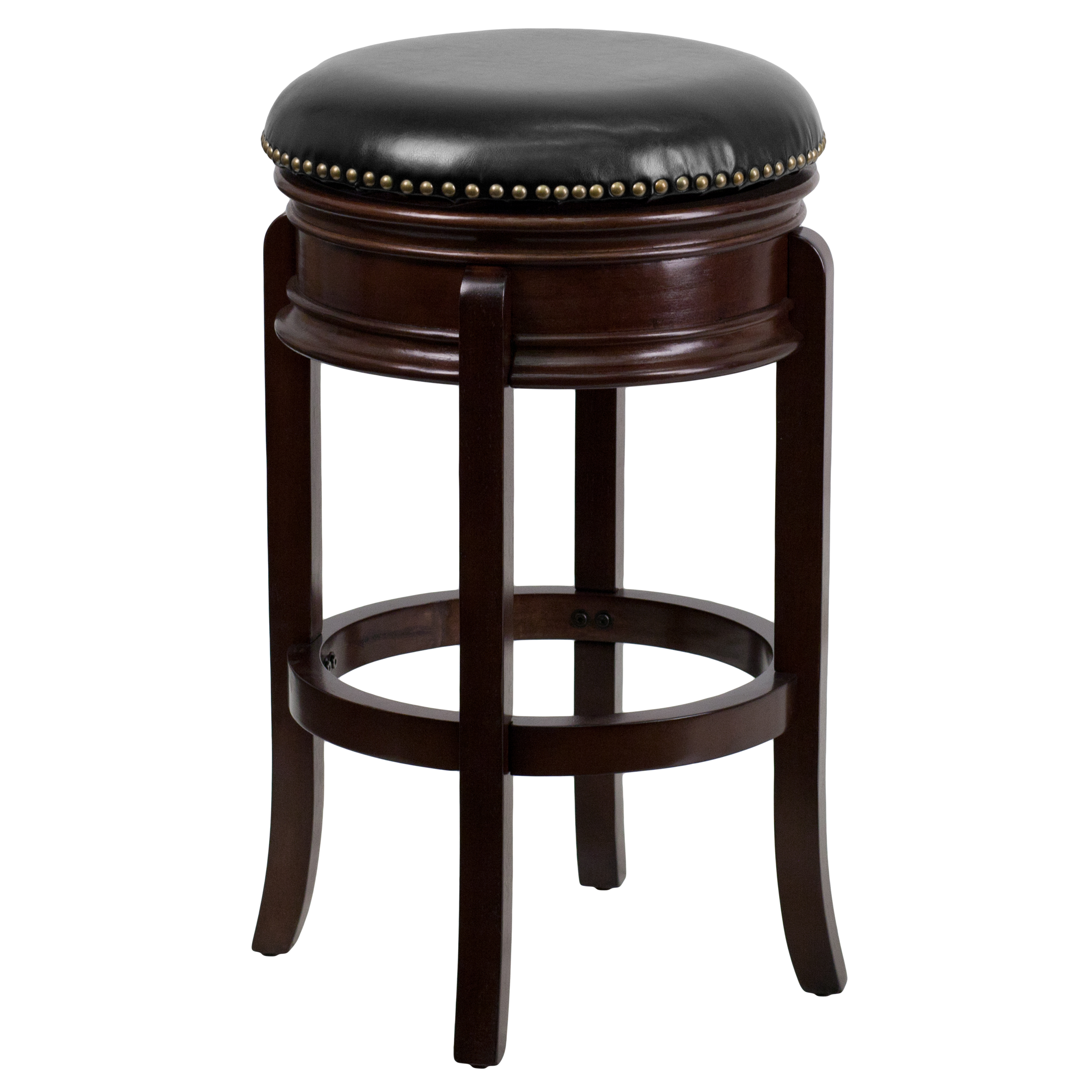 Flash Furniture TA-68829-CA-GG 29"H Backless Cappuccino Wood Black LeatherSoft Swivel Barstool with Carved Apron