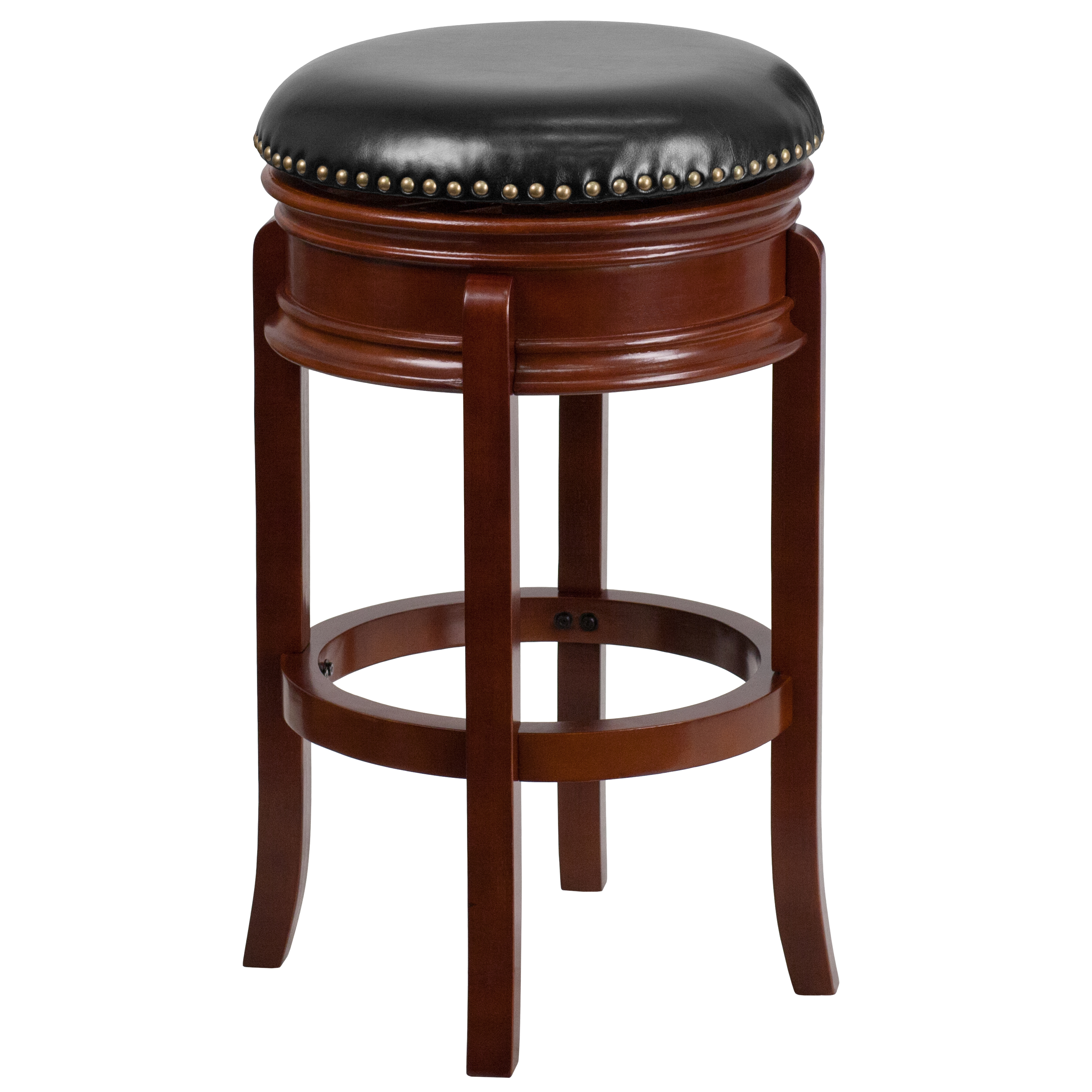 Flash Furniture TA-68829-LC-GG 29"H Backless Light Cherry Wood Black LeatherSoft Swivel Barstool with Carved Apron