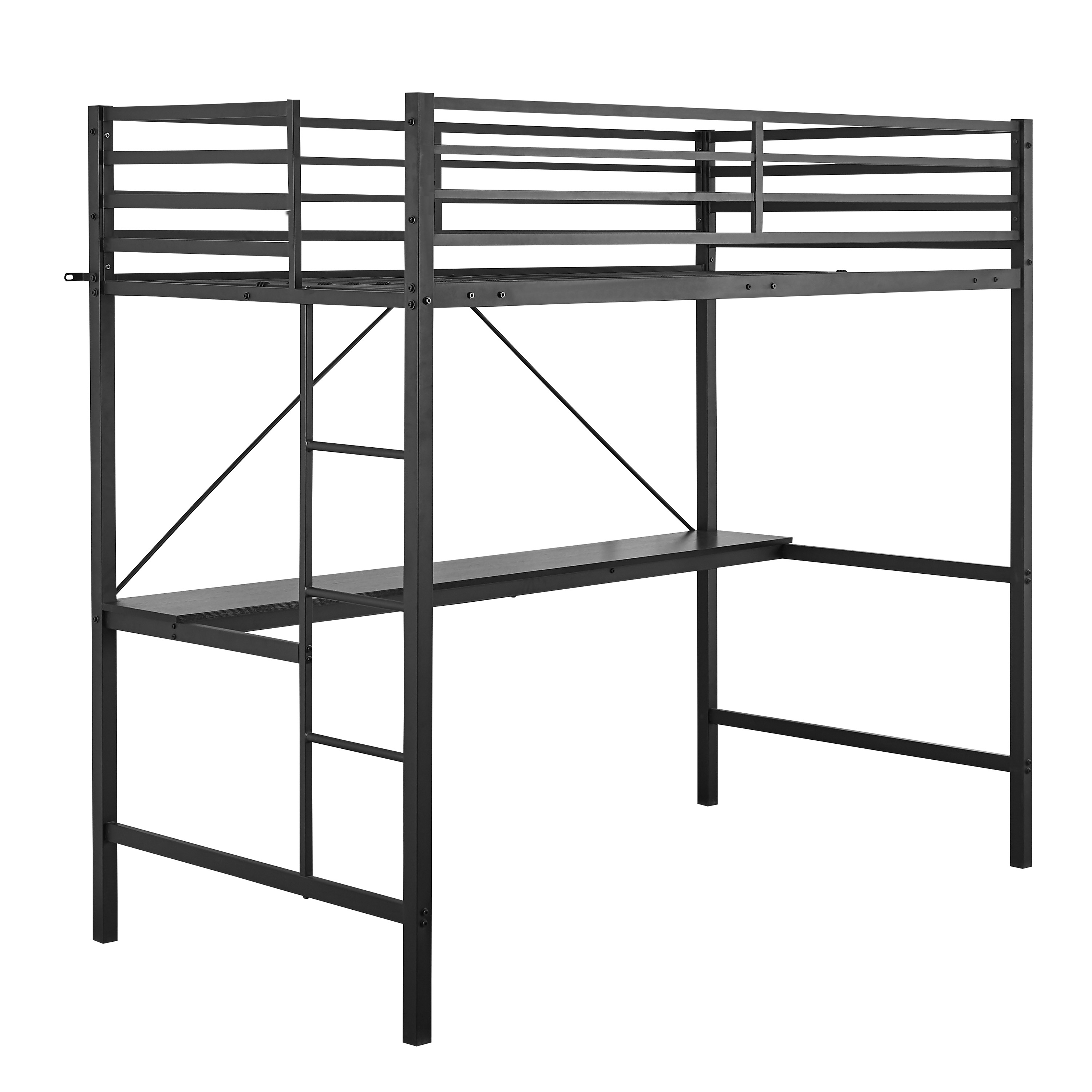 Flash Furniture TLN-YH0226-T-BLK-GG Black Metal Loft Bed Frame with Desk with Protective Guard Rails & Ladder, Twin Size