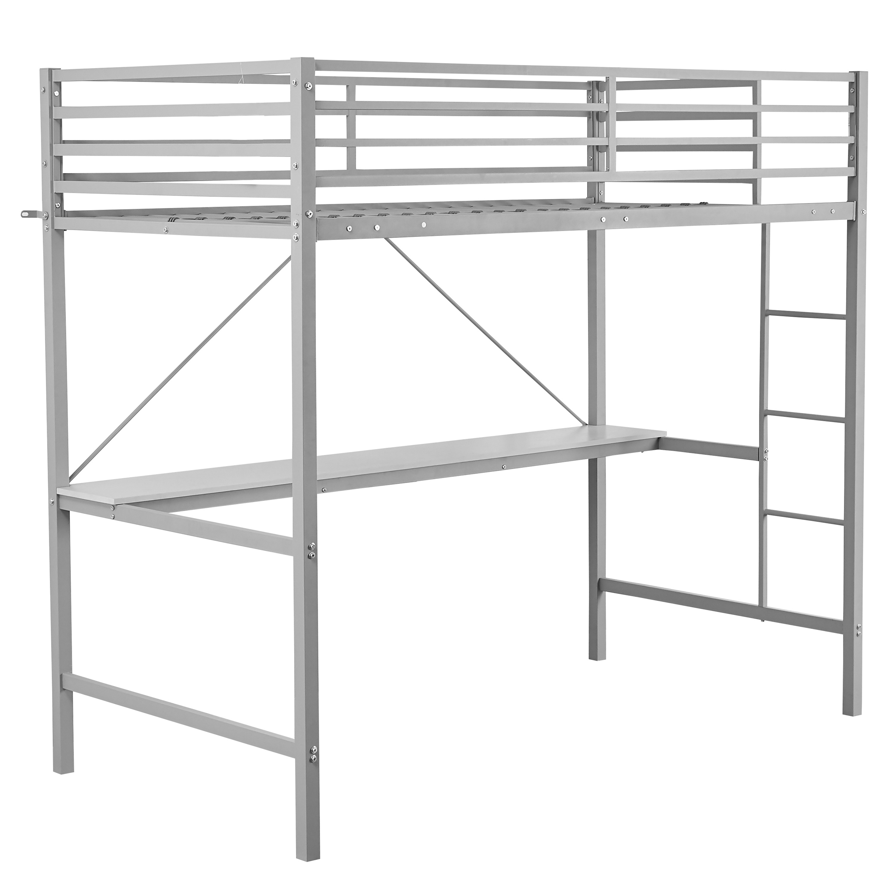 Flash Furniture TLN-YH0226-T-GRY-GG Gray Metal Loft Bed Frame with Desk with Protective Guard Rails & Ladder, Twin Size