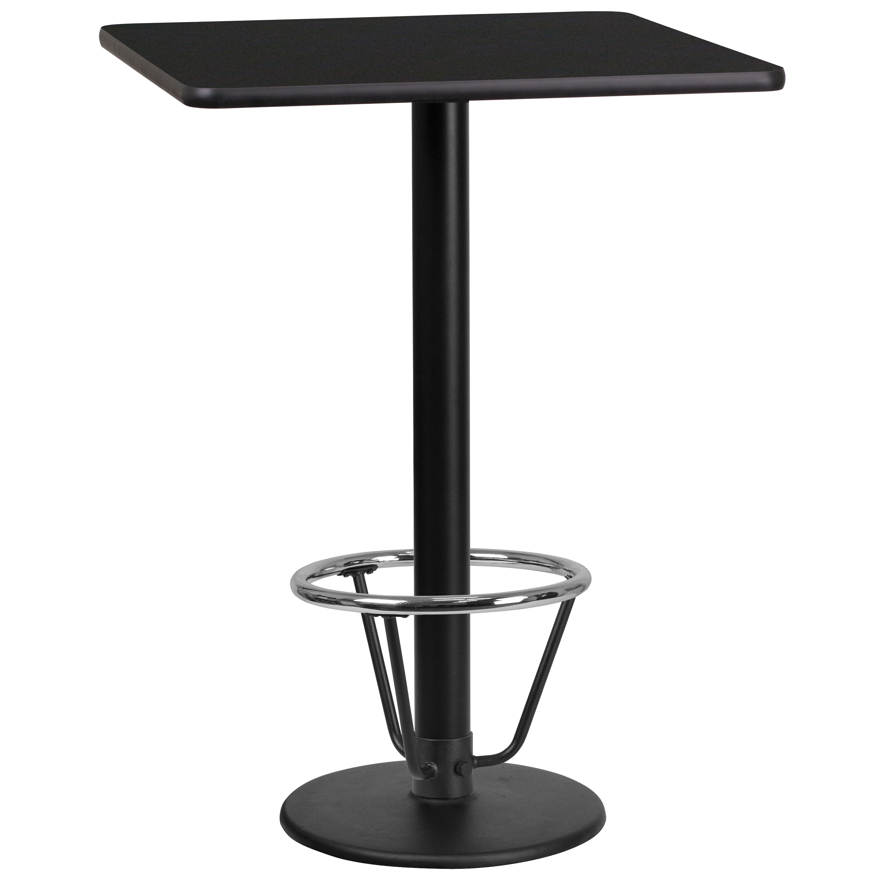 Flash Furniture XU-BLKTB-2424-TR18B-3CFR-GG 24'' Square Black Laminate Table Top with 18'' Round Bar Height Table Base and Foot Ring