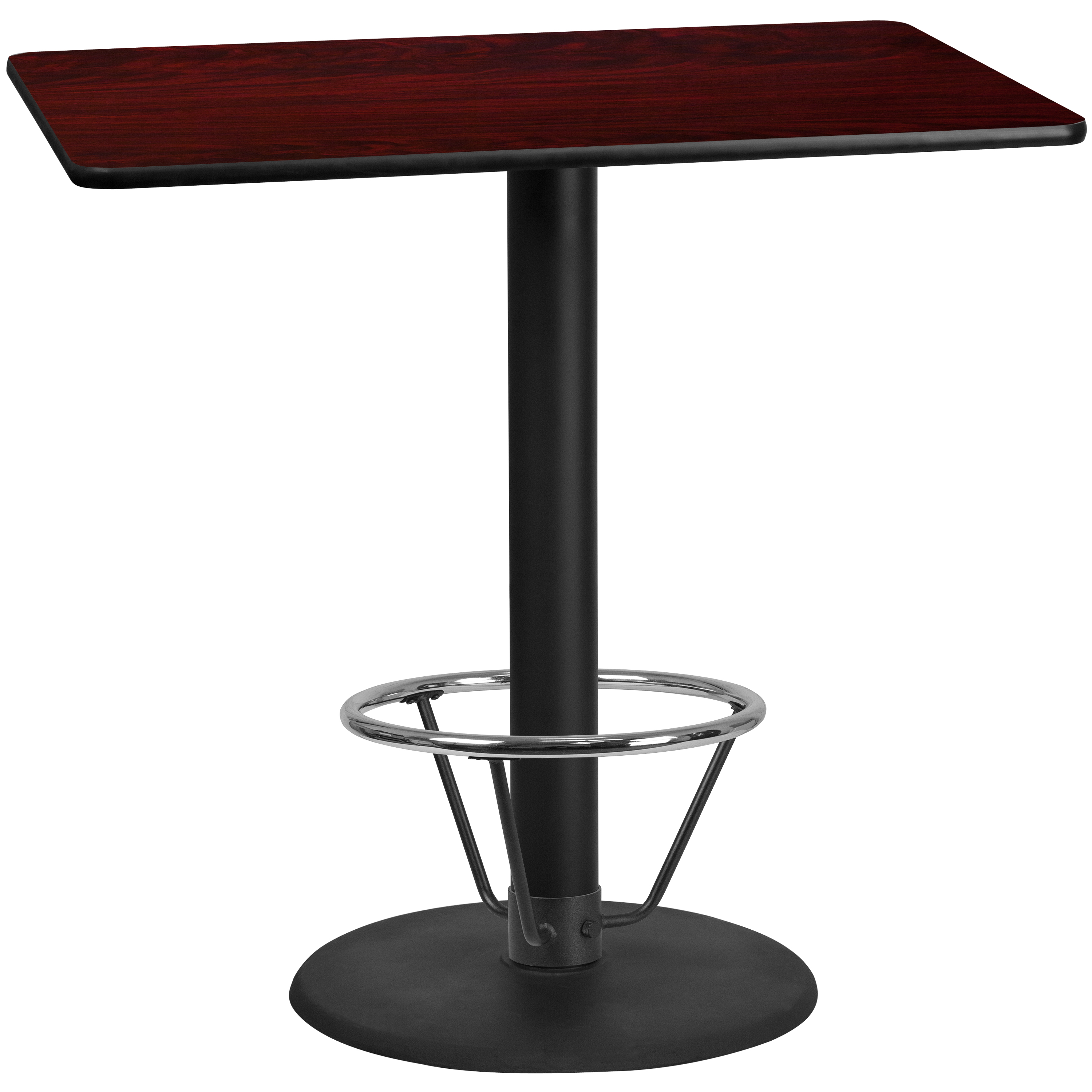 Flash Furniture XU-MAHTB-3048-TR24B-4CFR-GG 30'' x 48'' Rectangular Mahogany Laminate Table Top with 24'' Round Bar Height Table Base and Foot Ring