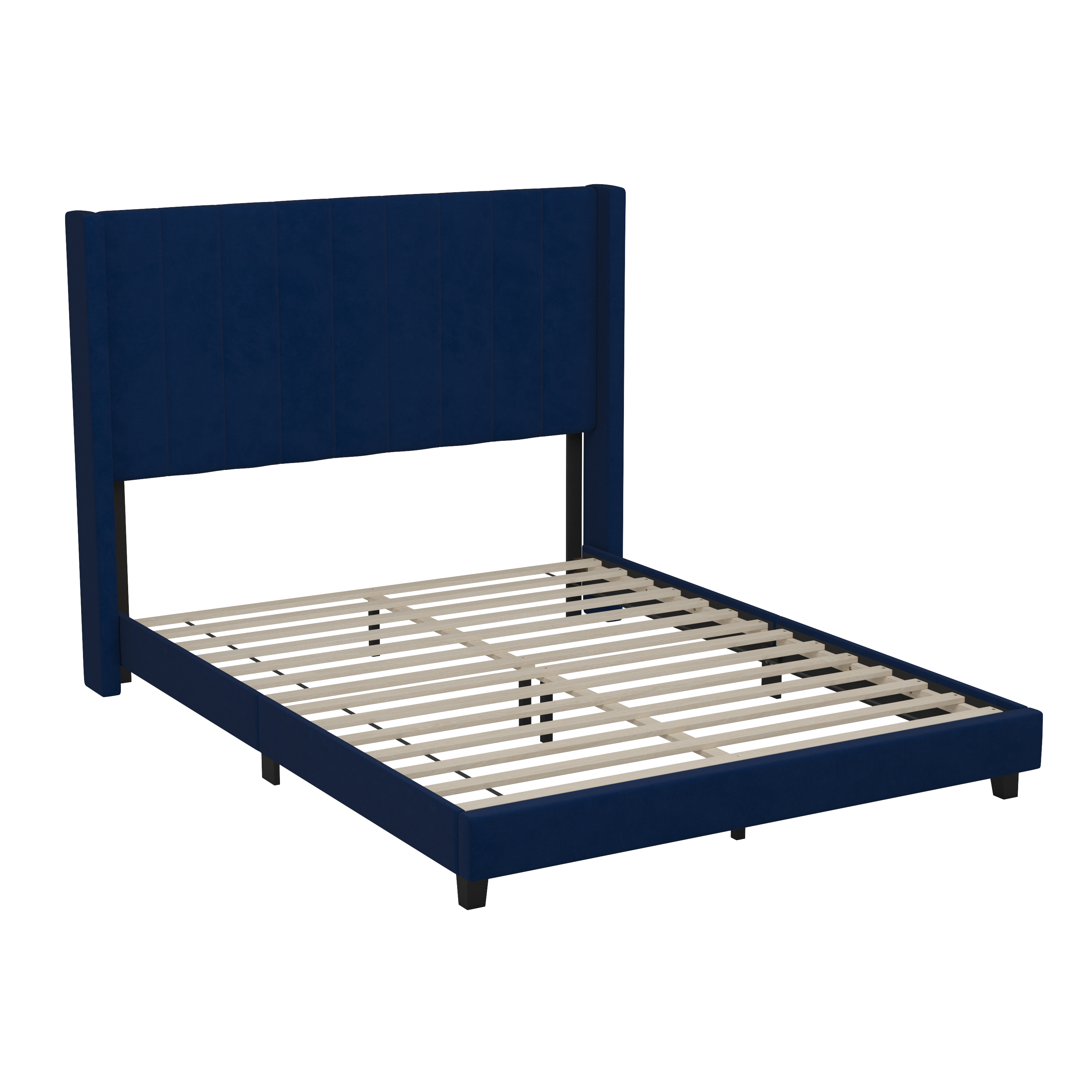 Flash Furniture YK-1079-NAVY-Q-GG Queen Upholstered Platform Bed with Vertical Stitched Wingback Headboard, Navy Velvet