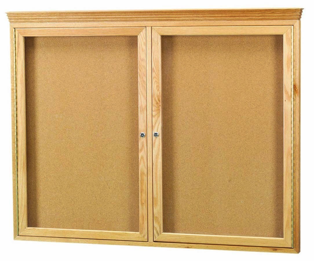 Aarco Products OBC3648RC 2 Door Enclosed Bulletin Board with Crown Molding and Natural Oak Frame, 48"W x 36"H